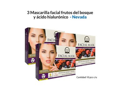 PACK 3 MASCARA FACIAL NEVADA NATURAL PRODUCTS VELO FRUTOS DEL BOSQUE ACIDO HIALURONICO 10 UN