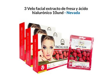 PACK 3 MASCARA FACIAL NEVADA NATURAL PRODUCTS VELO EXTRACTO FRESA ACIDO HIALURONICO 10 UN