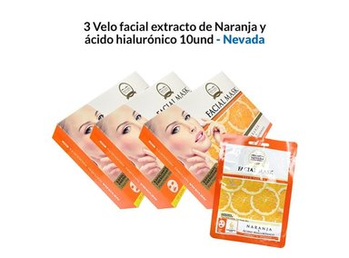 PACK 3 MASCARA FACIAL NEVADA NATURAL PRODUCTS VELO EXTRACTO NARANJA ACIDO HIALURONICO 10 UN