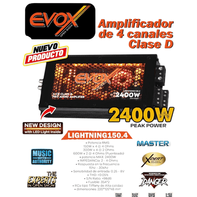 AMPLIFICADOR EVOX 2400WATTS - 4 CANALES - CLASE D - LIGHTNING150.4 - 6