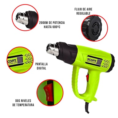 PISTOLA DE CALOR XCORT AIRE CALIENTE XQB07-2000 2000 WATTS 600°C PANTALLA DIGITAL LCD DOBLA TUBOS - 2