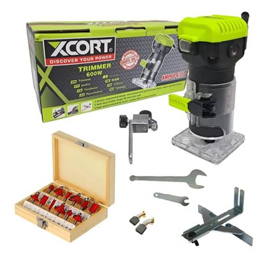 RUTEADORA FRESADORA MANO 600W + 12 FRESAS 1/4'' 6.35MM XCORT