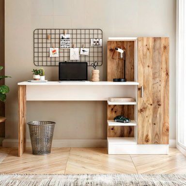 ESCRITORIO BARAKA HOME CON CAJONES Y REPISA TARAWA - BLANCO Y DAMASCO