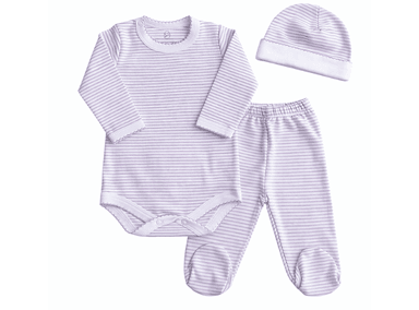 CONJUNTO BODY MANGA LARGA, PANTALON + GORRITO100% ALGODÓN ANTIALÉRGICO PARA BEBE COLOR LILA