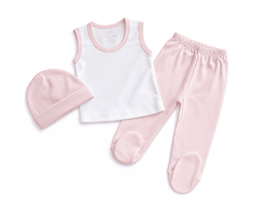 CONJUNTO BODY, PANTALON + GORRITO PARA BEBE COLOR ROSA