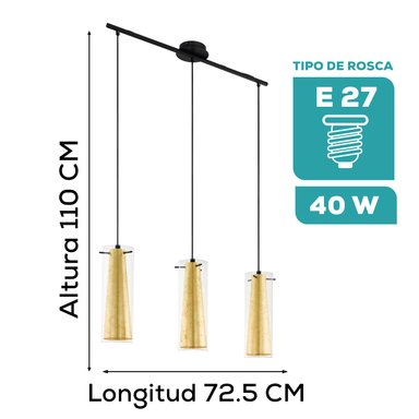 LÁMPARA COLGANTE EGLO NEGRO ANTE PINTO GOLD E27 3X60W L725 B110 H1100