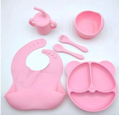 SET DE ALIMENTACIÓN PARA BEBE 6 PIEZAS, PLATOS DE SILICONA(ROSADO)