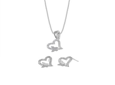 SET DE COLLAR Y ARETES CORAZÓN Y MARIPOSAS PLATA 925 - 1