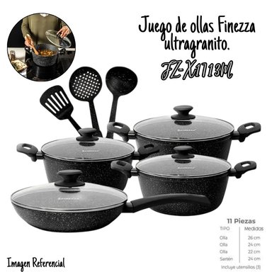 JUEGO DE OLLAS FINEZZA FZ-X1773M GRIS ANTIADHERENTE 11 PIEZAS ULTRA GRANITO