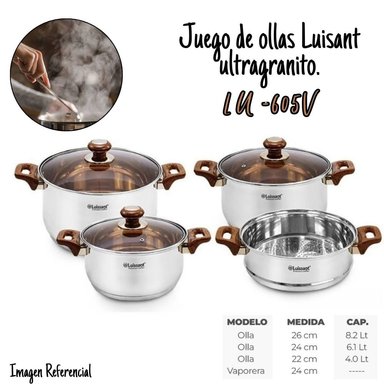 JUEGO DE OLLAS ACERO INOXIDABLE LUISSANT 7 PIEZAS