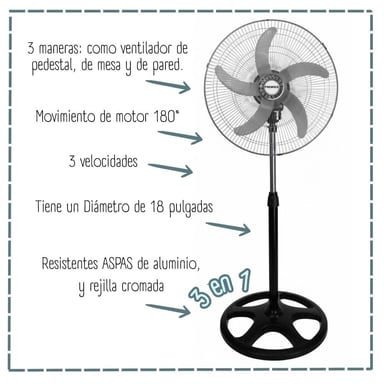 VENTILADOR DE PIE PREMIER AB-18PR-5B 160 WATTS 5 ASPAS PLATEADO - 3