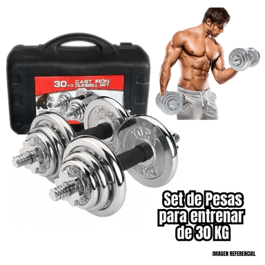 SET DE PESAS MALETA YORK 30KG MANCUERNAS ADAPTADOR