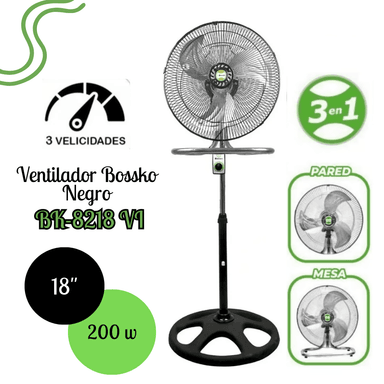 VENTILADOR BOSSKO 3 ASPAS  3 EN 1 DE 18″ 200 WATTS BK-8218VI/NEGRO
