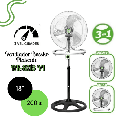 VENTILADOR BOSSKO 3 ASPAS DE 18' DE  200 WATTS BK-8218VI – PLATEADO