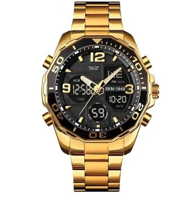RELOJ SKMEI UNISEX ANÁLOGO 1649 MULTIFUNCIÓN HORA DUAL A PRUEBA AGUA IP67 ANILLO GIRATORIO GOLD