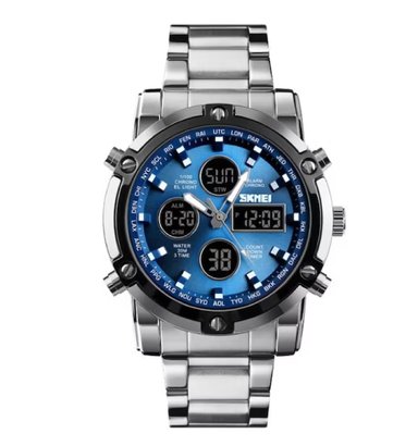 RELOJ SKMEI UNISEX ANÁLOGO DIGITAL PLATEADO AZUL ACERO INOXIDABLE