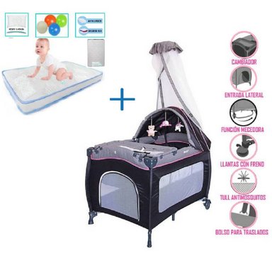 CUNA CORRAL SALLY PLOMO-ROSADO+ COLCHON CELESTE