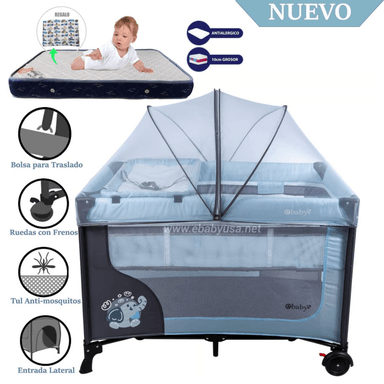 CUNA CORRAL EBABY CON CAMBIADOR HAPPY DREAM CELESTE-COLCHÓN