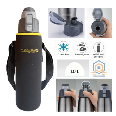 TOMATODO TERMICO THERMOS ACERO INOXIDABLE PLATEADO EXTREMA 1LT + FUNDA NEGRA