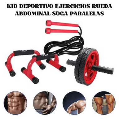 KIT DEPORTIVO K6 FITNESS EJERCICIOS RUEDA ABDOMINAL+ SOGA+BARRA PUSH UP-.R/N