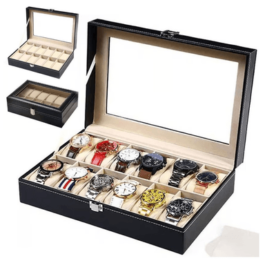 ORGANIZADOR RELOJES NEGRO 12 COMPARTIMIENTOS TAPA VIDRIO