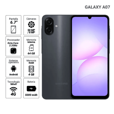 CELULAR SAMSUNG GALAXY A07 6.7' 4GB RAM 64GB CÁMARA 50MP - NEGRO - 1