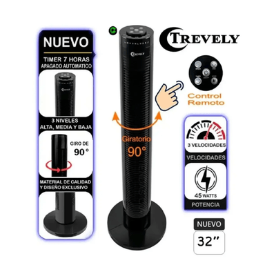 VENTILADOR TORRE TREVELY VT-145 32” CON CONTROL REMOTO - NEGRO
