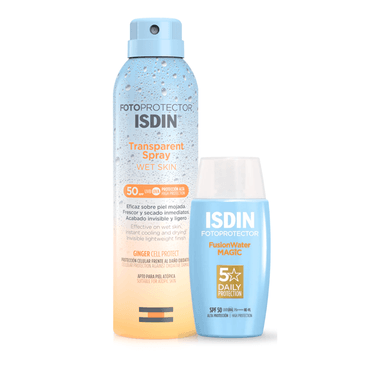 SET ISDIN FOTOPROTECCIÓN CUERPO Y ROSTRO: FUSION WATER MAGIC SPF50 50ML + TRANSPARENT SPRAY WET SKIN SPF50 250ML - 1