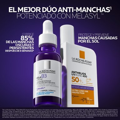PACK ANTI-MANCHAS LA ROCHE POSAY: SÉRUM MELA B3 30ML + ANTHELIOS UVMUNE ANTI DARK SPOTS 50ML - 3