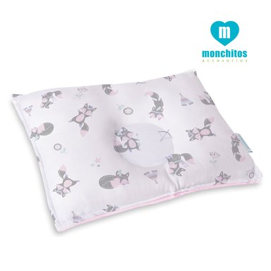 ALMOHADITA MONCHITOS ACCESORIOS ANTI CABEZA PLANA ZORRITOS 20 X 30CM ALGODÓN PIMA ROSADO BEBÉ
