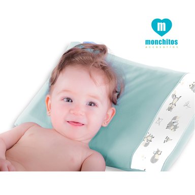 ALMOHADA MONCHITOS ACCESORIOS ANTIAHOGO FRESH PILLOW ZORRITOS 25 X 35CM ALGODÓN PIMA VERDE AGUA