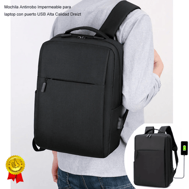 MOCHILA ANTIRROBO LAPTOP 15.6" IMPERMEABLE PUERTO USB CARGA NYLON DREIZT NEGRO - 5