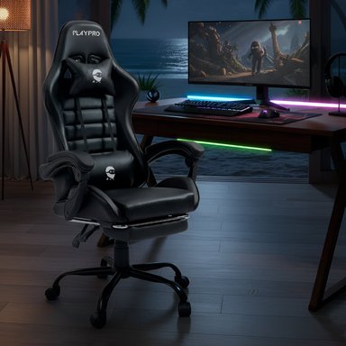 SILLA DREIZT NEGRO GAMER CON MASAJEADOR LUMBAR PLAYPRO X1 BASE METAL - 1