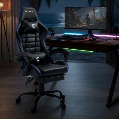 SILLA GAMER CON MASAJEADOR LUMBAR PLAYPRO X1 AZUL BASE DE METAL - 1