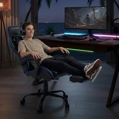 SILLA GAMER CON MASAJEADOR LUMBAR PLAYPRO X1 AZUL BASE DE METAL - 2