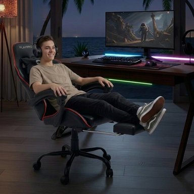 SILLA GAMER CON MASAJEADOR LUMBAR PLAYPRO X1 ROJO BASE DE METAL - 2