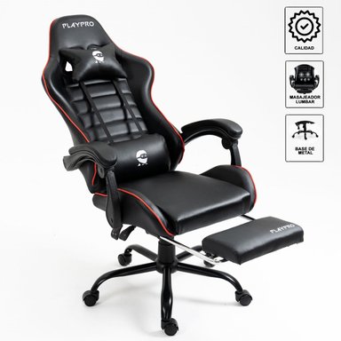 SILLA GAMER CON MASAJEADOR LUMBAR PLAYPRO X1 ROJO BASE DE METAL - 3