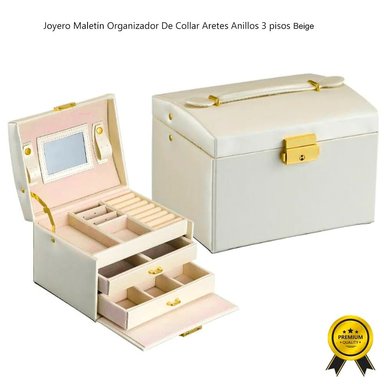 JOYERO BEIGE MALETÍN ORGANIZADOR DE COLLAR ARETES ANILLOS 3 PISOS