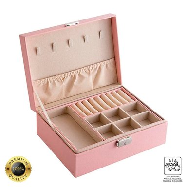 JOYERO ROSADO ORGANIZADOR DE COLLAR ARETES ANILLOS 2 PISOS MDA290021