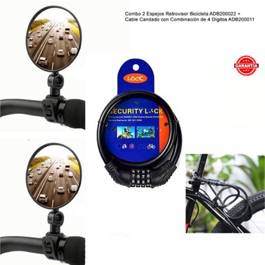 COMBO 2 ESPEJOS RETROVISOR BICICLETA ADB200022 + CABLE CANDADO CON COMBINACIÓN 4 DÍGITOS ADB200011