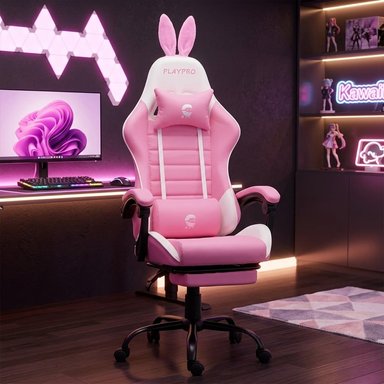 SILLA GAMER CON MASAJEADOR LUMBAR PLAYPRO X1 ROSADO BUNNY BASE DE METAL - 1