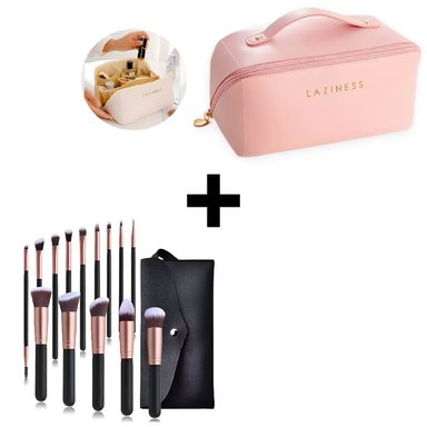 COMBO NECESER ESTUCHE DE COSMÉTICOS ROSA + BROCHAS DE MAQUILLAJE PROFESIONALES SET 15 PIEZAS NEGRO