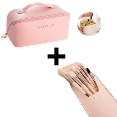 COMBO NECESER ESTUCHE DE COSMÉTICOS ROSA + BROCHAS DE MAQUILLAJE SET 8 PIEZAS CON ESTUCHE ROSADO
