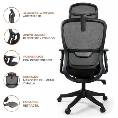 SILLA ERGONOMICA DE OFICINA GERENCIAL KOMSUM PARIS NEGRO CON POSAPIES - 6