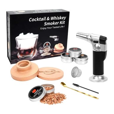 KIT AHUMADOR DE WHISKY CON SOPLETE 4 SABORES DE VIRUTAS DE MADERA