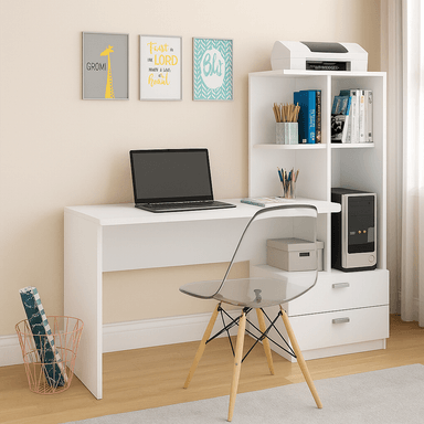 ESCRITORIO CON ESTANTE ENSUEÑO DE MELAMINA COMPACTO 130 CM X 45 CM BLANCO