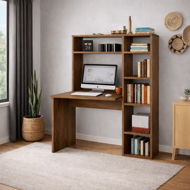 ESCRITORIO CON ESTANTE MODELO MINIMALISTA COLOR AVELLANA