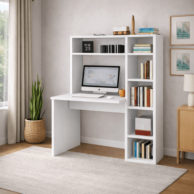 ESCRITORIO CON ESTANTE ENSUEÑO DE MELAMINA MINIMALISTA BLANCO