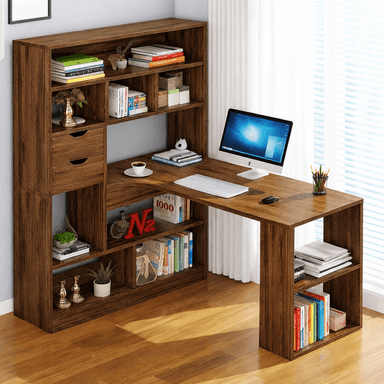 ESCRITORIO CON ESTANTE MODELO ENTRELAZADO COLOR CARAMELO