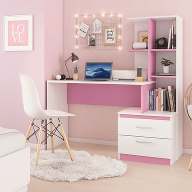 ESCRITORIO CON ESTANTE ENSUEÑO DE MELAMINA COMPACTO V2 130 CM X 45 CM BLANCO ROSADO